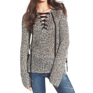 Pam & Gela Lace Up Open Knit Pullover Sweater, L